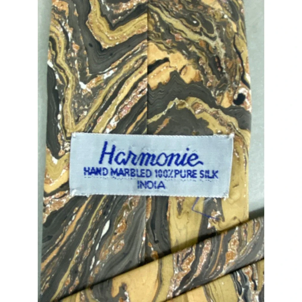 Harmonie Mens Tie Hand Marbled Silk Abstract Swirl Earth Tones India 57x3.5
